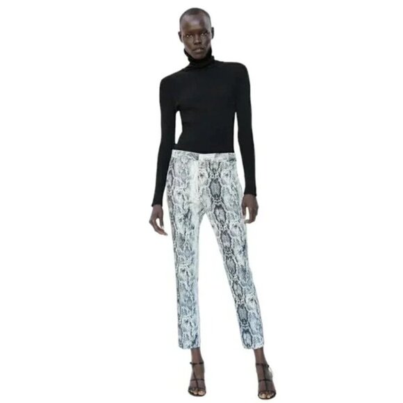 Zara Faux Snakeskin Pants Ankle Trousers Gray White Size Small - Picture 5 of 16